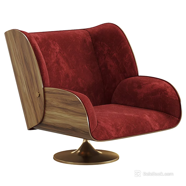 Modern Leisure Accent Chair With Red Velvet Upholstery Walnut Armrests And Gold Swivel Base 3d model 
