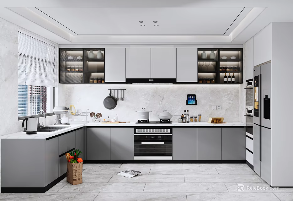 Modern Gray Kitchen Interior With Cabinets Oven And Refrigerator 3d model 