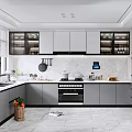 Modern Gray Kitchen Interior With Cabinets Oven And Refrigerator