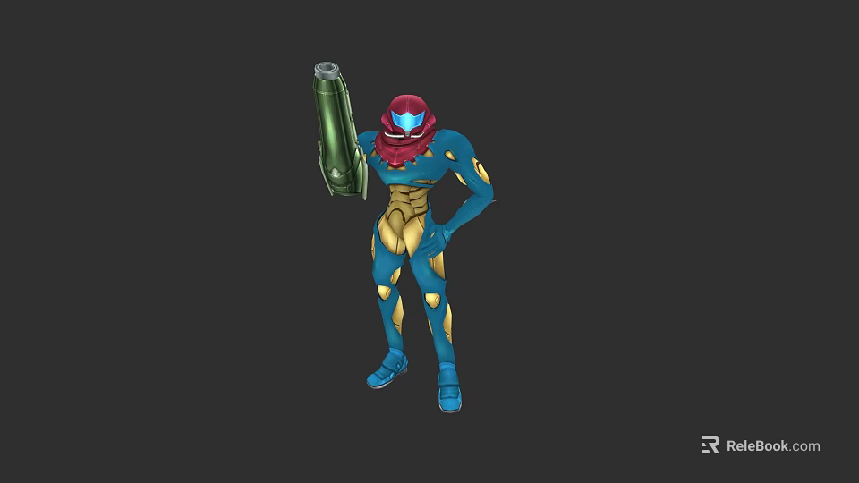 Blue And Red Armored Game Character Holding Green Weapon In Stance 3d model 