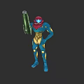 Blue And Red Armored Game Character Holding Green Weapon In Stance
