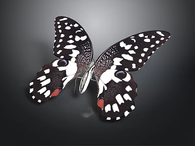 Black And White Spotted Butterfly With Red Accents Open Wings On Dark Background 3d model
