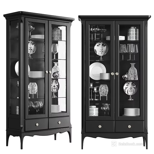 Black Display Cabinet With Glass Doors Storing Dinnerware Wine Glasses Decorative Items And Bottom Drawers 3d model 