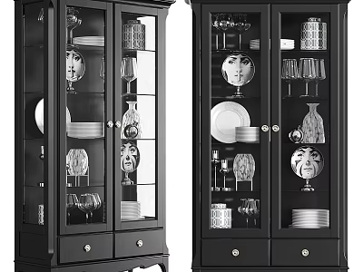 Black Display Cabinet With Glass Doors Storing Dinnerware Wine Glasses Decorative Items And Bottom Drawers 3d model
