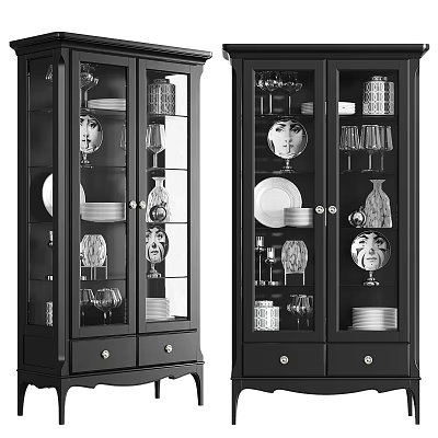 Black Display Cabinet With Glass Doors Storing Dinnerware Wine Glasses Decorative Items And Bottom Drawers 3d model