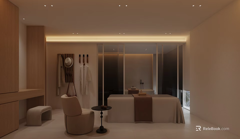 Luxurious SPA Sauna Room with Massage Bed Cozy Chair Wooden Decor and Soft Lighting 3d model 
