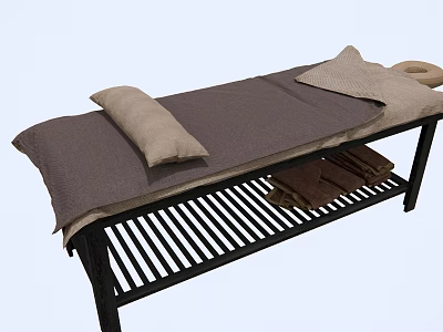 Comfortable Massage Bed With Dark Mat and Pillows Underbed Striped Rack and Brown Towels 3d model