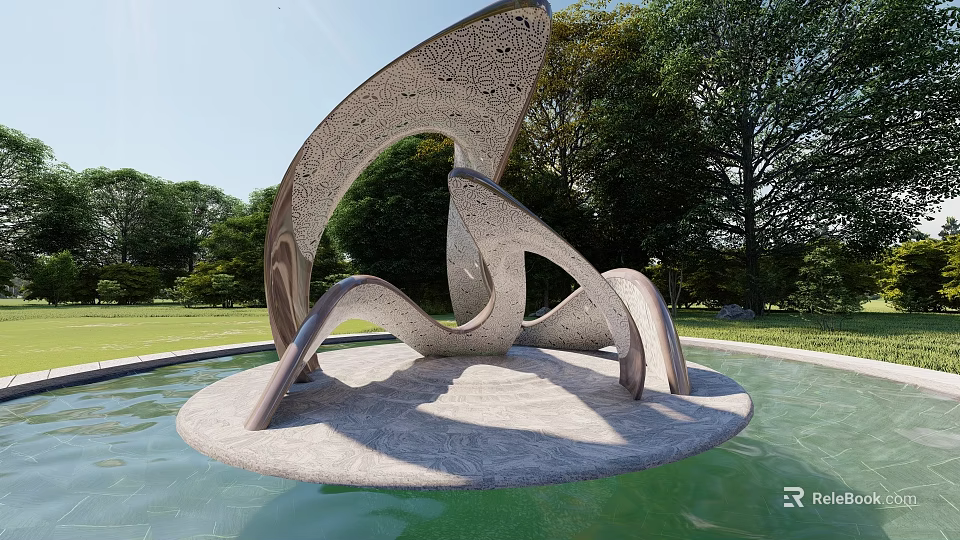 Modern Abstract Garden Ornament In Central Water Pool With Green Lawns And Trees 3d model 