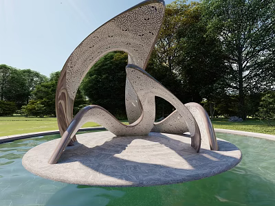 Modern Abstract Garden Ornament In Central Water Pool With Green Lawns And Trees 3d model