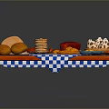 Assorted Morning Foods on Wooden Tray With Bread Pancakes Fruits Jam and Checkered Cloth
