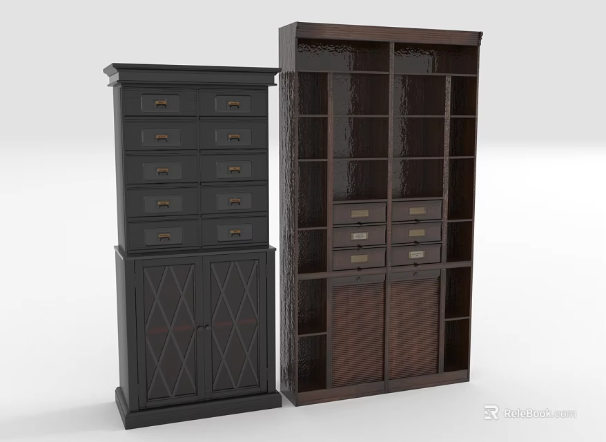 Dark Colored Storage Cabinet Racks With Multiple Drawers Diamond Pattern Doors And Shelves 3d model 