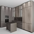 Modern Kitchen Interior Featuring Wood Grain Cabinets With Black Countertop Lighting 3d model