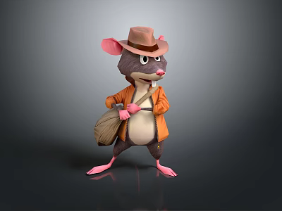 Cartoon Mouse Character Wearing Brown Hat And Orange Coat Carrying Bag Standing Pose 3d model