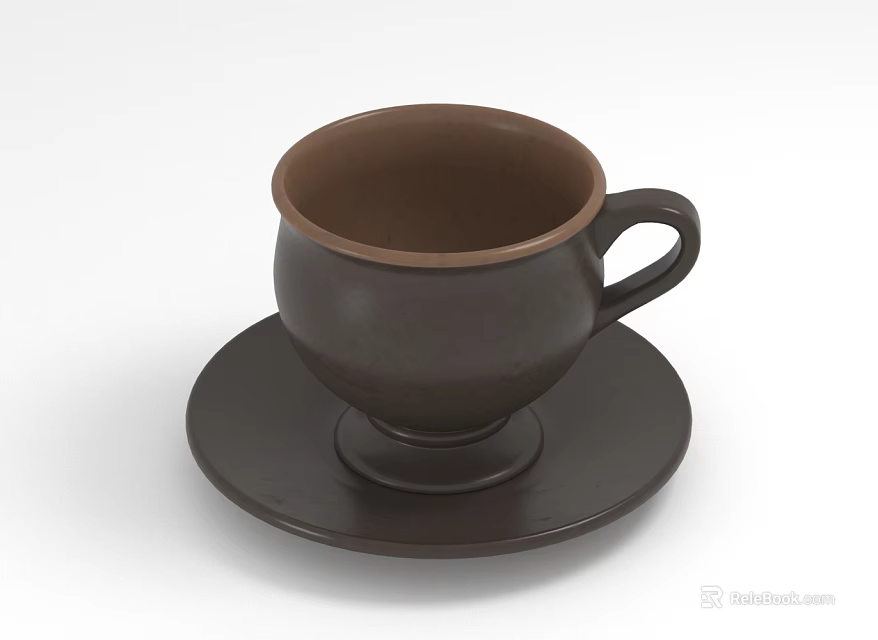 Dark Brown Ceramic Cup With Matching Saucer And Curved Handle Simple Design 3d model 