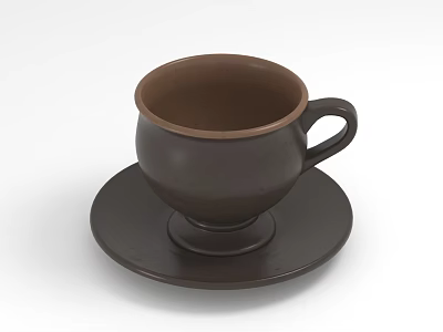 Dark Brown Ceramic Cup With Matching Saucer And Curved Handle Simple Design 3d model