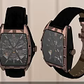 Square Rose Gold Watch With Black Leather Strap And Intricate Mechanical Dial Design