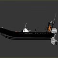 Modern Black Inflatable Yacht With Orange Ropes Life Rings White Seats And Antennas On Water