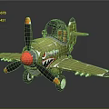 Green Airplane Model Featuring Shark Mouth Design Red Propeller Nose Black Blades And Orange Details