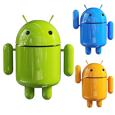 Colorful Android Robot Dolls with Antenna and Round Eyes in Green Blue Yellow 3d model