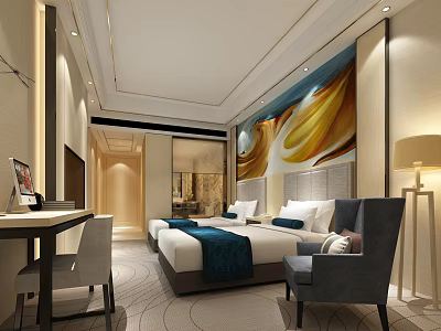 Modern Hotel Guest Room With Large Abstract Painting Comfortable Bed And Desk Chair 3d model