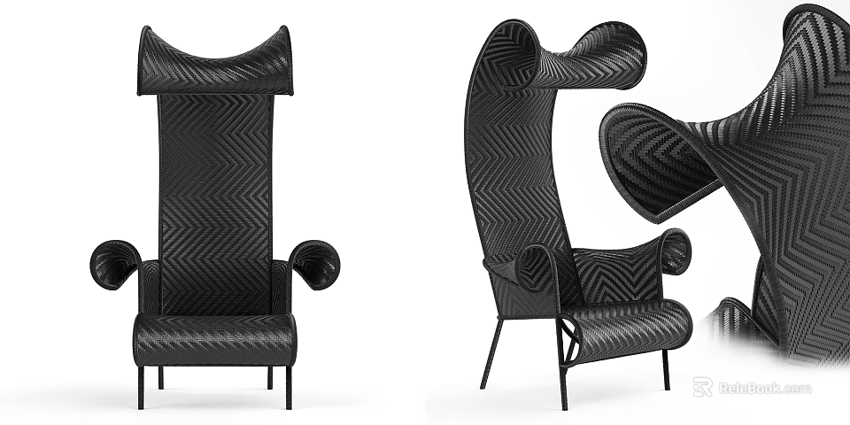Modern Unique Black Single Chair With Curved Back Woven Texture And Metal Legs 3d model 