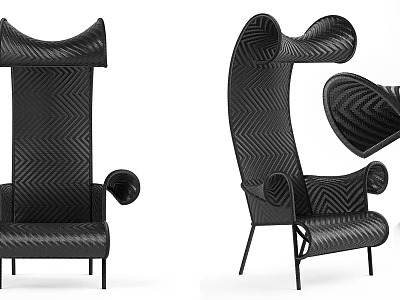 Modern Unique Black Single Chair With Curved Back Woven Texture And Metal Legs 3d model