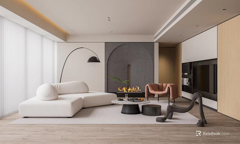 Modern Living Room Interior With White Sofa Black Floor Lamp Arched Gray Wall And Fireplace 3d model 