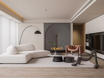 Modern Living Room Interior With White Sofa Black Floor Lamp Arched Gray Wall And Fireplace 3d model
