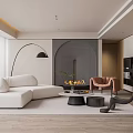 Modern Living Room Interior With White Sofa Black Floor Lamp Arched Gray Wall And Fireplace
