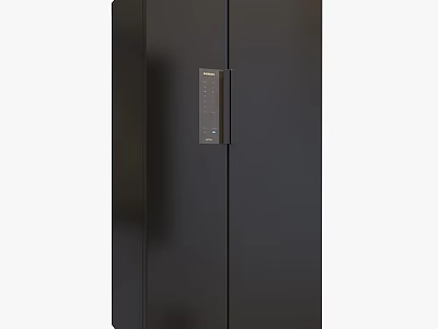 Modern Kitchen Interior Design With Black Double Door Refrigerator And Digital Control Panel 3d model