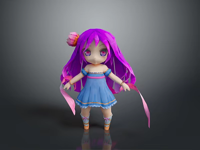 Cute Female Doll With Purple Hair Pink Flower And Blue Dress Standing On Gray Background 3d model