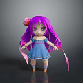Cute Female Doll With Purple Hair Pink Flower And Blue Dress Standing On Gray Background