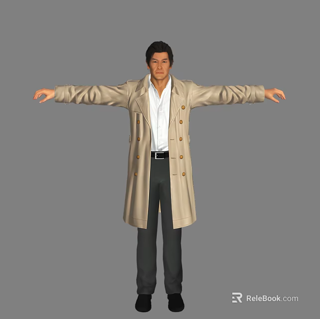 A Man Wearing Beige Trench Coat White Shirt Black Pants With Arms Outstretched On Gray Background 3d model 