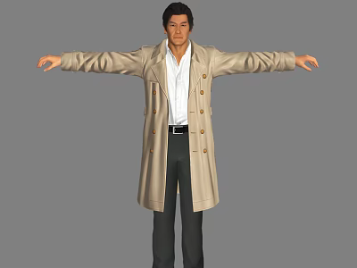 A Man Wearing Beige Trench Coat White Shirt Black Pants With Arms Outstretched On Gray Background 3d model
