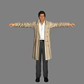 A Man Wearing Beige Trench Coat White Shirt Black Pants With Arms Outstretched On Gray Background