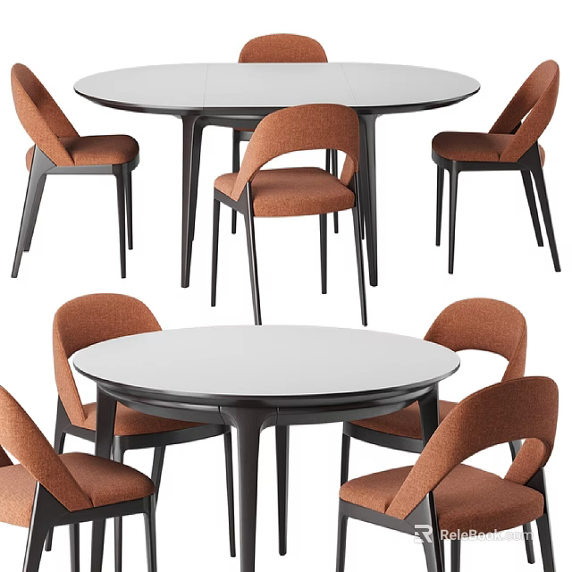 Round White Dining Table Set With Orange Chairs And Black Legs 3d model