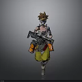Futuristic Game Character With Brown Spiky Hair Goggles Tattoos Yellow Pants Carrying Large Weapon
