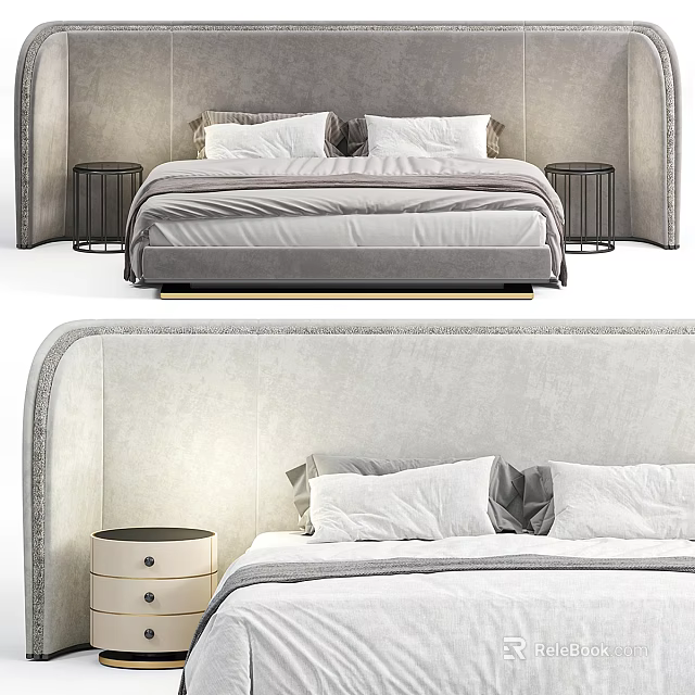 Modern Double Bed With Upholstered Headboard Background White Bedding And Round Nightstands 3d model 