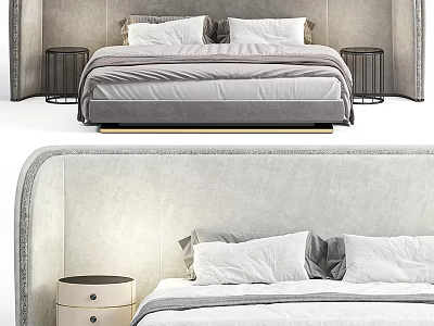 Modern Double Bed With Upholstered Headboard Background White Bedding And Round Nightstands 3d model