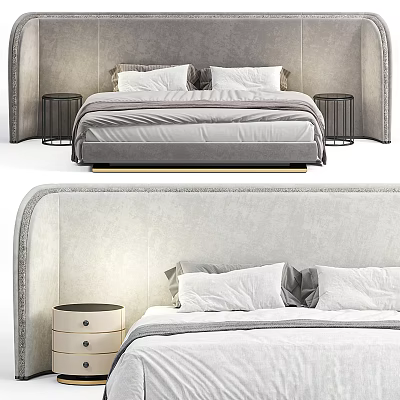 Modern Double Bed With Upholstered Headboard Background White Bedding And Round Nightstands 3d model