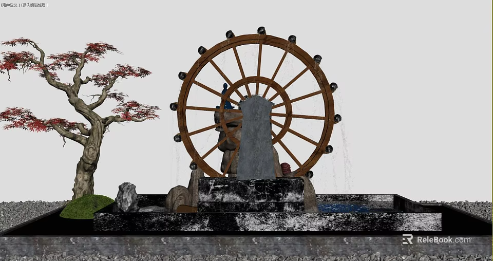 Charming Garden Ornament with Large Wooden Waterwheel Red Leaf Tree and Stone Base 3d model 