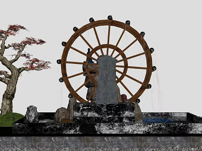 Charming Garden Ornament with Large Wooden Waterwheel Red Leaf Tree and Stone Base 3d model