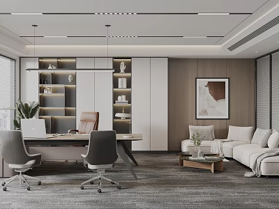 Modern Office Interior With Wooden Desk Ergonomic Chairs Sofa Bookshelf And Artwork 3d model