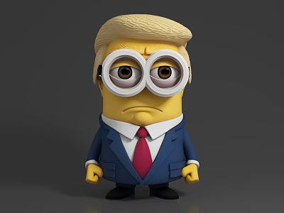Minion Character In Blue Suit With Red Tie And Blonde Hair Looking Serious 3d model
