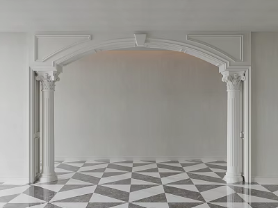 White Columns In Interior With Arched Door Frame And Black White Checkered Floor 3d model