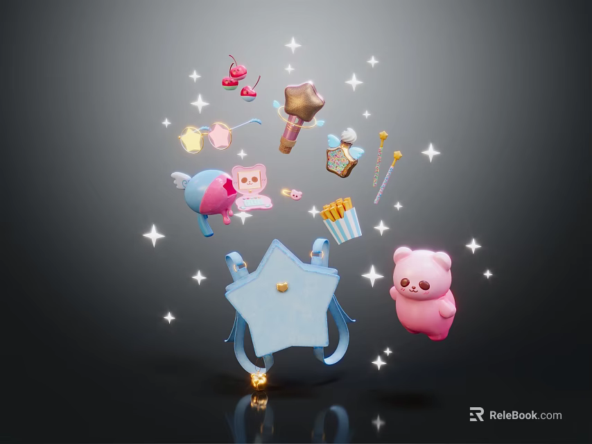 Cute Decorative Ornament Set With Pink Bear Blue Star Sparkling Star Accents And Decor Pieces 3d model 