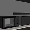 Modern Kitchen With Two Microwaves On Countertop Against Gray Wall And Black Shelf