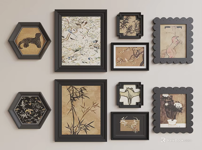 Abstract Paintings In Various Shaped Black Frames Displayed On Light Wall With Multiple Art Designs 3d model