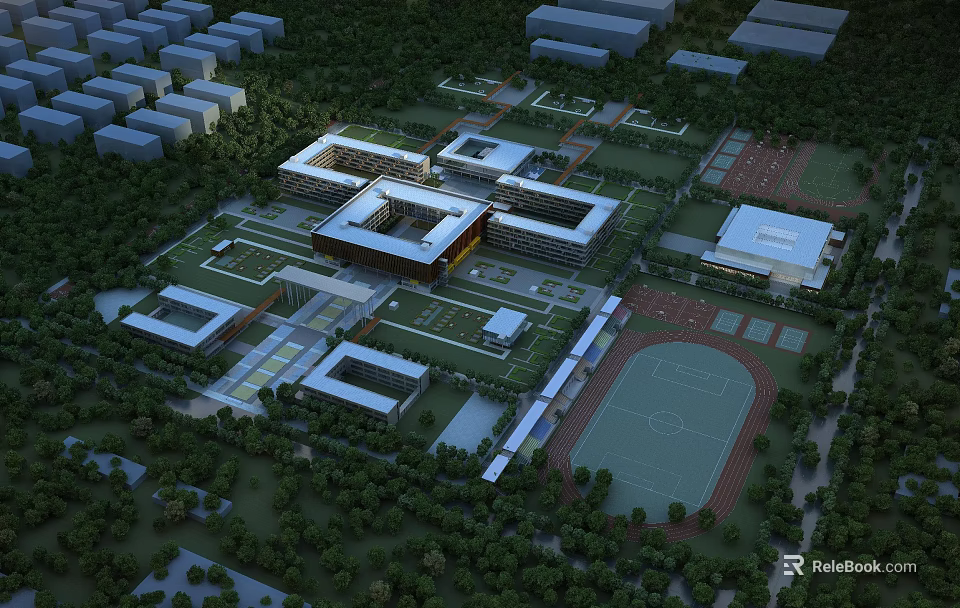 Modern School Campus With Teaching Buildings Sports Ground Running Track And Green Spaces 3d model 
