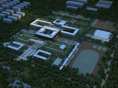 Modern School Campus With Teaching Buildings Sports Ground Running Track And Green Spaces 3d model